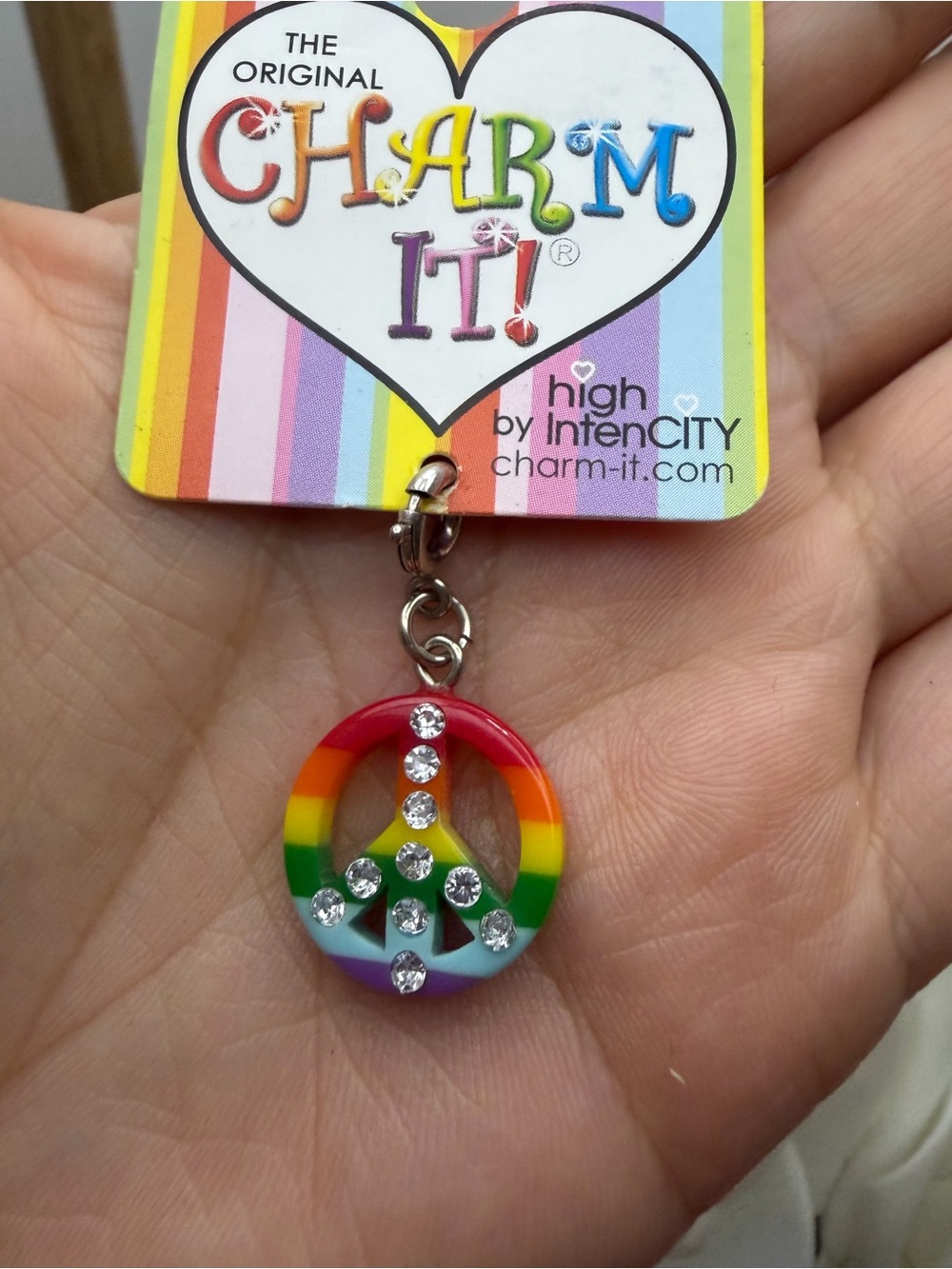 Charm It! Rainbow Peace Sign Charm with Rhinestones